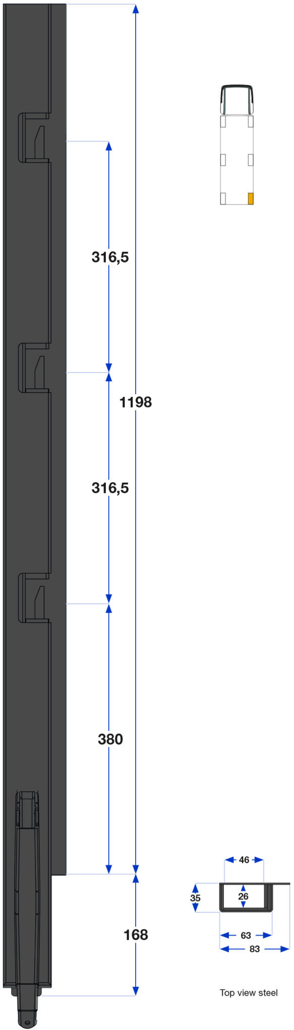 Teknisk tegning med mål og detaljer